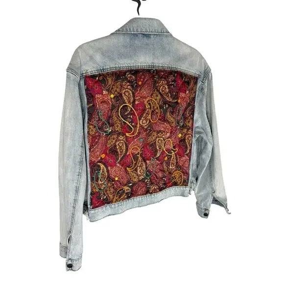 Free People Paisley Quilted Denim Jacket Trucker Boho Hippie Oversized Baggy M/L